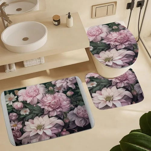 Vista 6 de Juego de 4 cortinas de ducha con alfombras, juego de baño con cortina de ducha y alfombras, 4 piezas, flores femeninas, lila, rosa, rubor, verde