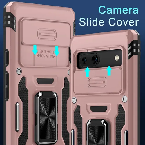 Vista 2 de DEERLAMN Funda para Google Pixel 7a con Cubierta Deslizante para Cámara + Protector de Pantalla (2 Paquetes), Soporte de Anillo Giratorio de Grado