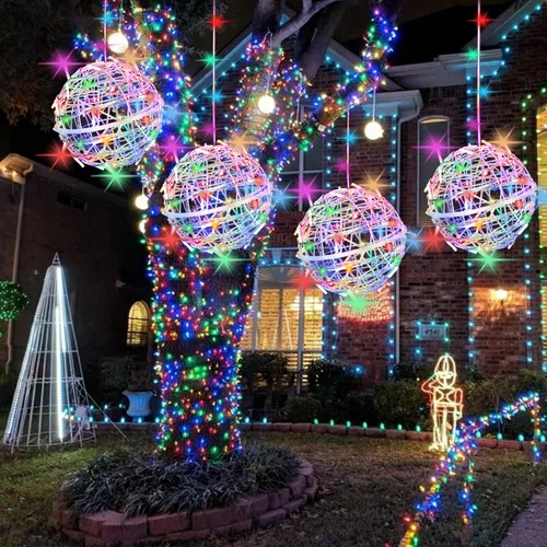 Vista 13 de Luces de Bolas de Navidad para Exteriores, Luces de Árbol Impermeables, Paquete de 4 Luces LED Colgantes de Globo Esfera de 7.87" con 8 Modos