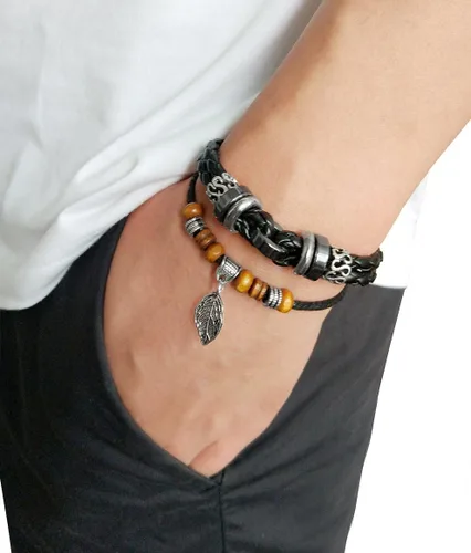 Vista 16 de Suyi brazalete ajustable con varias capas, de cuero tejido trenzado con cruz. Pulsera tipo esclava.