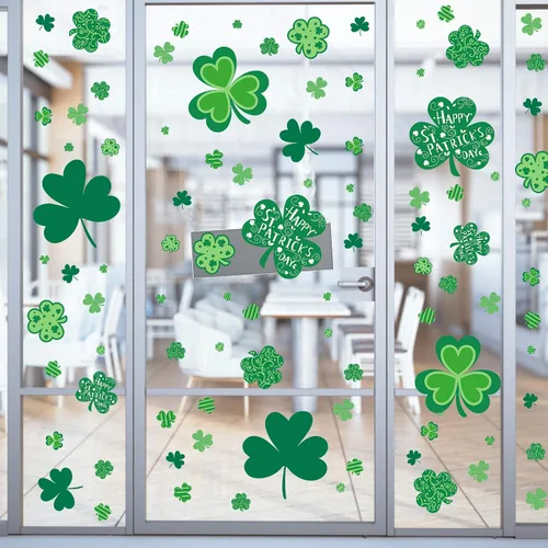 Vista 3 de Adhesivos para ventana del día de San Patricio, 109 calcomanías de ventana de trébol para decoraciones del día de San Patricio