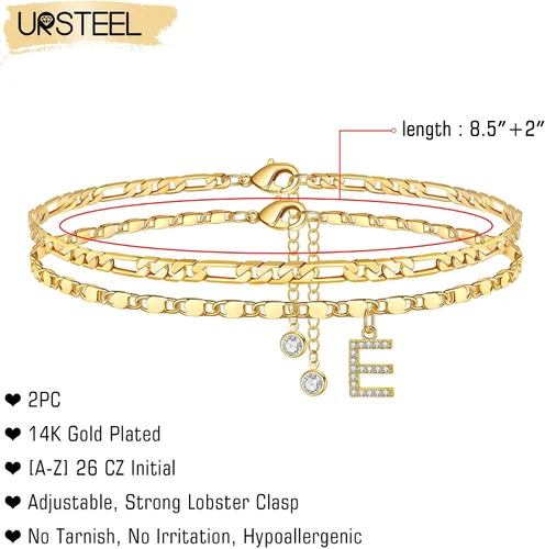 Vista 2 de Tobilleras Ursteel chapadas en oro de 14quilates, delicadas capas de cadena Figaro con inicial de circonita cúbica, joyería de verano, regalos