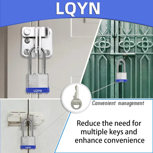 Vista 4 de Candados con la misma llave, LQYN 24 candados laminados con llave (1-9/16 pulgadas, 1.575 in), cerraduras con llave igual, grillete largo