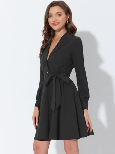 Vista 2 de Allegra K Elegante vestido de trabajo para mujer cuello de solapa con muescas lazo en la cintura manga larga vestido de oficina