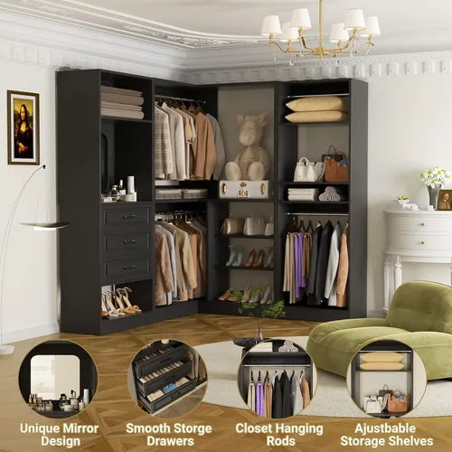 Vista 7 de Unikito Sistema de armario con cajones, sistema modular de organizador de armario de esquina de 86 pulgadas con espejo, organizador de armario