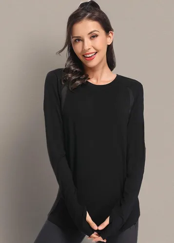 Vista 4 de Muzniuer Camisetas de entrenamiento de manga larga para mujer, camisetas lisas de manga larga para yoga, gimnasio, deportes, camiseta con agujero