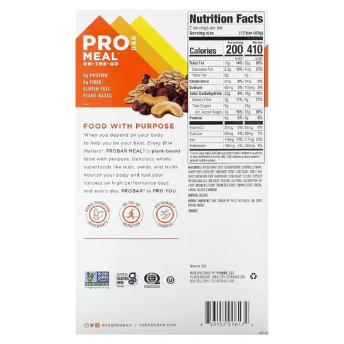 Vista 2 de ProBar Meal-On-The-Go, chispas de chocolate de avena, 12 barras, 3 oz (85 g) cada una