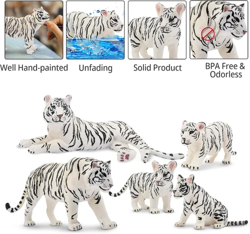 Vista 5 de Toymany 6 figuras realistas de tigres blancos con cachorros de tigre, figuras familiares de animales de la selva de 2 a 6 pulgadas, incluye tigres