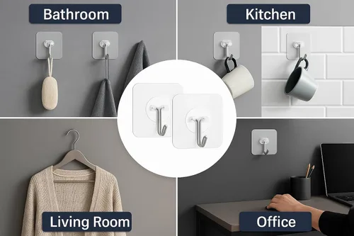 Vista 8 de Ganchos de pared adhesivos resistentes, acero inoxidable transparente, paquete de 12 – carga máxima de 24 libras, ganchos reutilizables impermeables