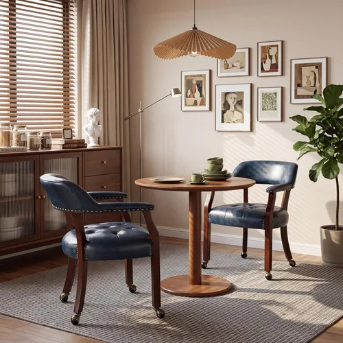 Vista 23 de LEEMTORIG Juego de 2 sillas de comedor con ruedas y brazo, sillas de comedor grandes con ruedas, silla de mesa de póquer de madera maciza, 26