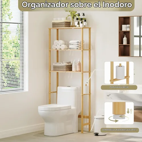 Vista 2 de Almacenamiento sobre el inodoro, estante de baño de bambú de 3 niveles con Natural