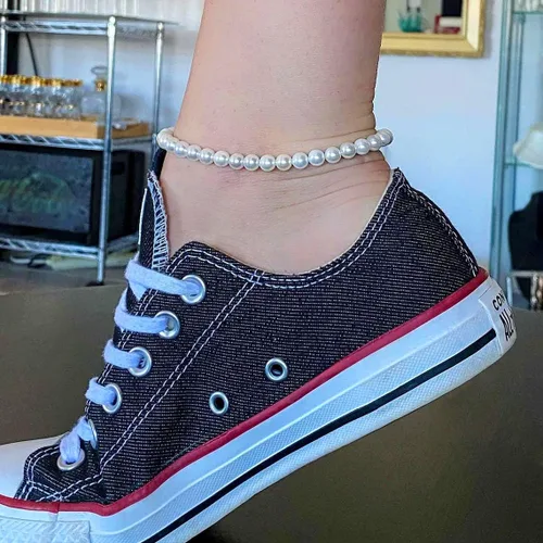 Vista 3 de Aobei Pearl Tobilleras de perlas hechas a mano para mujer, pulsera de tobillo ajustable con cuentas blancas para regalo de boda