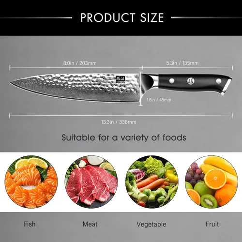 Vista 5 de SHAN ZU Cuchillo de chef, cuchillo de acero Damasco de 8 pulgadas Cuchillo de chef martillado