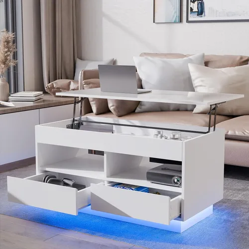 Vista 10 de HOMMPA Morden - Mesa de centro LED de 40 pulgadas con tapa elevable, color negro brillante, con almacenamiento oculto, sala de estar, mesa de té
