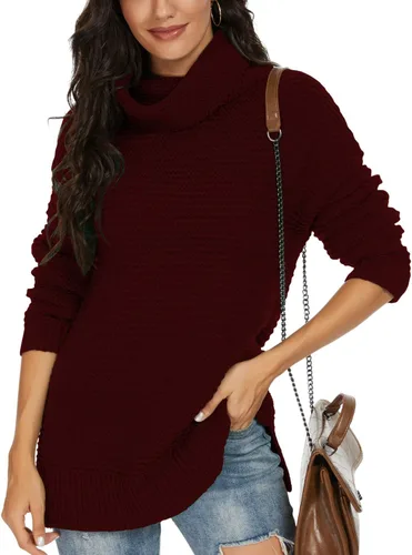 Vista 6 de PrinStory Women's Sweater Turtle Neck Chunky Knit Pullover Sweaters Casual Long Sleeve Tops with Side Slit
