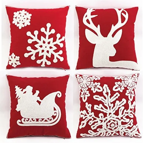 Vista 9 de WOMHOPE 18" Funda de algodón bordada roja y beige, fundas de Navidad, fundas de almohada rectangulares, funda de cojín, almohada para sillón, cama
