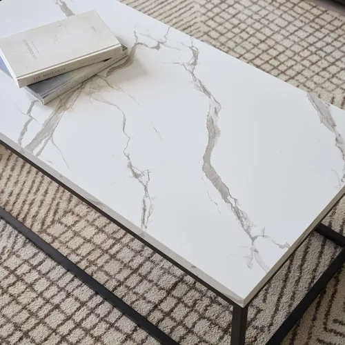 Vista 8 de CENSI - Mesa de centro de mármol blanco de 40 pulgadas, tamaño mediano Mesa de cóctel rectangular industrial de 1.2 pulgadas extra gruesa, patas
