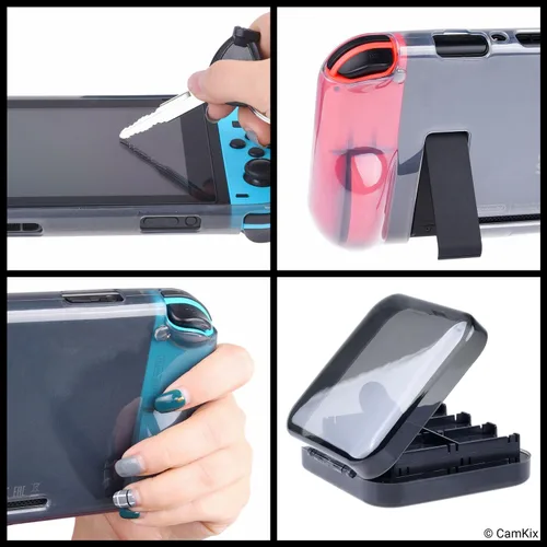 Vista 6 de CamKix Kit de almacenamiento y protección compatible con Nintendo Switch cubierta de TPU de silicona, protector de pantalla antiarañazos, estuche