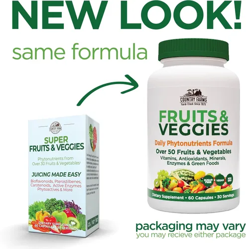 Vista 3 de Country Farms Super Fruit and Veggies Capsules, suplemento alimenticio integral, potente antioxidante, apoya la energía, la salud inmunológica