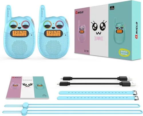 Vista 8 de Qniglo Walkie Talkies para niños recargables, paquete de 2 unidades, juguetes de regalo de Navidad y cumpleaños para niños de 3 a 12 años