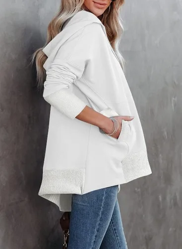 Vista 2 de SHEWIN Sudadera de gran tamaño para mujer, casual, con botones, cuello en V, con bolsillo