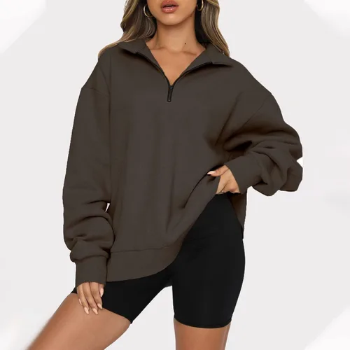 Vista 2 de Sudadera clásica para mujer, con cremallera de un cuarto, color liso, de gran tamaño, ajuste delgado, casual, ropa Y2K