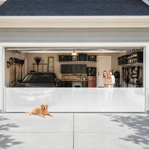 Vista 8 de Puertas retráctiles para bebés para puertas, puerta retráctil para perros de 55 pulgadas de ancho para escaleras, puertas de malla para perros