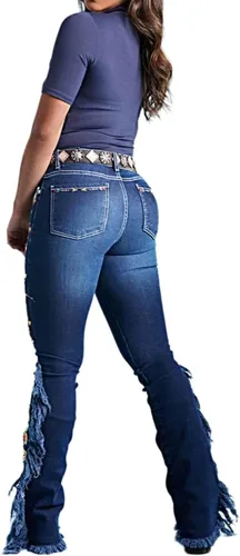 Vista 5 de Flamingals Jeans de corte de bota con dobladillo sin procesar con flecos laterales bordados para mujer, sin cinturón, pantalones casuales