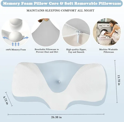 Vista 2 de Almohada cervical para el cuello para aliviar el dolor, almohadas ergonómicas de espuma viscoelástica para dormir con funda de almohada lavable
