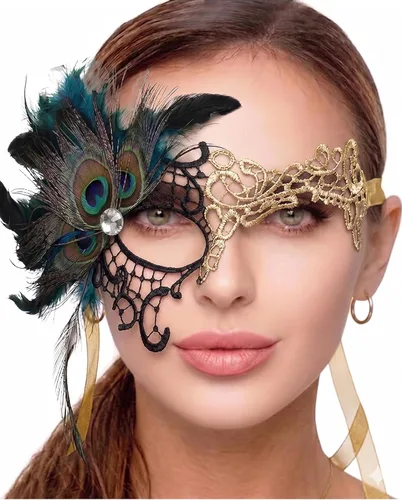 Vista 64 de Masquerade Mask For Women Lace Masquerade Mask for Masquerade Party, Proms, Venetian Party, Mardi Gras, Halloween & Cosplay Ana Bg Pluma de Pavo Real