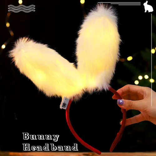 Vista 7 de Uranian Diademas de orejas de conejo iluminadas, diademas de orejas de conejo blancas, diadema de conejo peluda con luces LED, aro luminoso