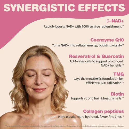 Vista 2 de Suplementos NAD para mujeres 5000 mg, polvo liposomal NAD+ con resveratrol, péptidos de colágeno, biotina, CoQ10 y TMG para un envejecimiento