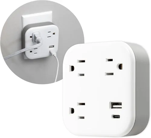 Vista 2 de GE UltraPro 81787 Protector SurGE de 3 tomas, extensor de salida con USB, enchufe de pared, 1 USB-A, 1 USB-C, adaptador espaciado, para el hogar u