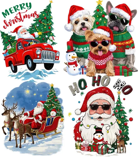 Vista 6 de Calcomanías de Vinilo de Transferencia Navideñas para Planchar, Pegatinas de Transferencia de Calor de Navidad con Patrones de Papá Noel, Renos