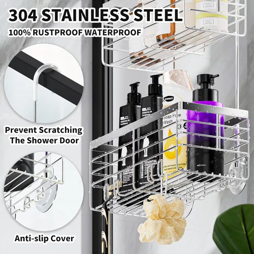 Vista 4 de SHANSHUI Organizador de Ducha Colgante, Organizador Doble para Baño, Cesta Organizadora de Ducha, Soporte para Champú, Estante de Ducha sobre Puerta