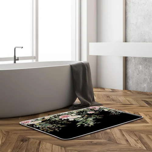 Vista 5 de GCTNBJL Tapete de baño con diseño floral, hojas verdes, flores rosas, bohemio, botánico, tropical, hojas bohemias, plantas, naturaleza negra