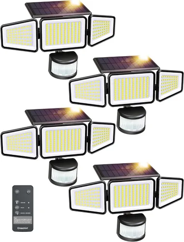 Vista 10 de Ensenior Luces solares de movimiento para exteriores, 228 LED de 3000 lúmenes, luces de seguridad de alto brillo con control remoto, IP65