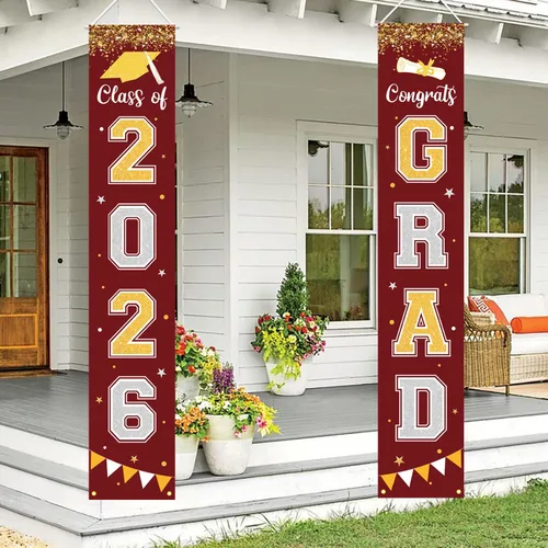 Vista 10 de Bandera de decoración de graduación 2025 GRAD Bandera negra para porche y puerta de bienvenida para pared interior y exterior, decoración