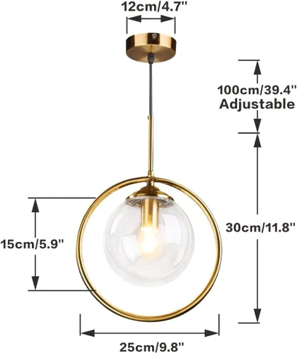 Vista 2 de BOKT Luz colgante de globo de vidrio de burbujas transparente, círculo dorado cepillado, iluminación colgante redonda de mediados de siglo, moderna