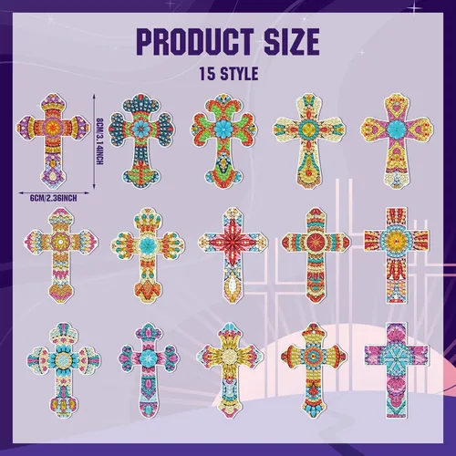 Vista 3 de Inbagi 15 piezas de llaveros de pintura de diamante con cruz de Pascua, 5D, bricolaje, cruz de diamante, llaveros colgantes para regalos de fiesta