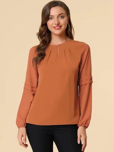Vista 4 de Allegra K Blusa elegante con cuello en ojo de cerradura semitransparente para mujer Coffee
