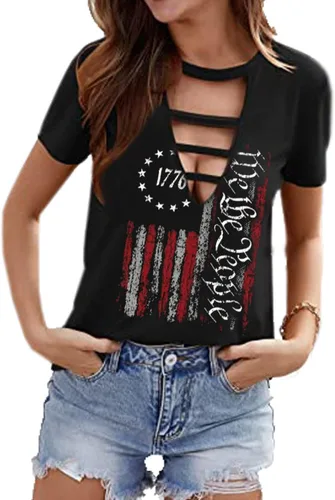 Vista 2 de American Flag Shirt Women 4th of July Patriotic T-Shirt Star Stripes USA Tees Short Sleeve Casual Graphic Tops