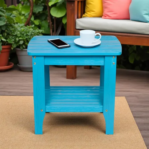 Vista 2 de Shine Company Long Island Mesa auxiliar rectangular de madera maciza, mesa auxiliar Adirondack para exteriores, Aqua