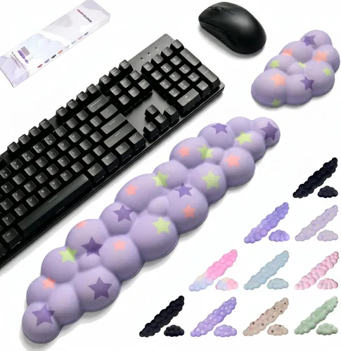 Vista 8 de Cloud - Juego de reposamuñecas para teclado y mouse, incluye un bonito posavasos, con computadoras y portátiles (juego de estrellas negras)
