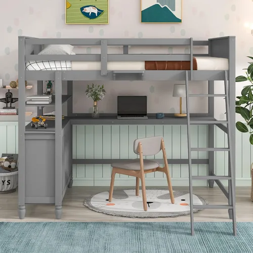 Vista 3 de Cama tipo loft tamaño matrimonial con escritorio y cajones de almacenamiento, cama alta tamaño matrimonial para adultos y niños, marco de cama