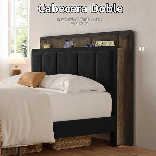 Vista 4 de Base de cama de tamaño matrimonial, cama de plataforma tapizada con 2 cajones de almacenamiento, cabecera de canal vertical de terciopelo con luces
