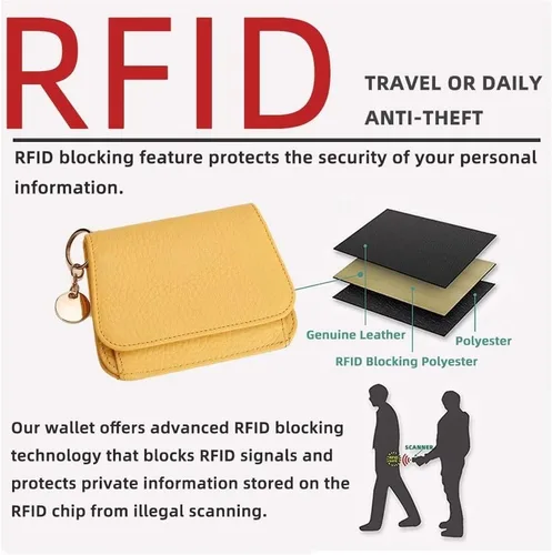 Vista 4 de Mudono - Billetera pequeña para mujer con bloqueo RFID, de cuero genuino, tarjetero, billetera delgada de tres pliegues con bolsillo con cremallera