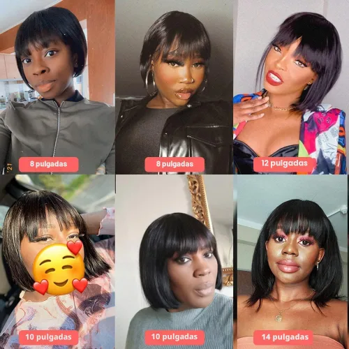 Vista 2 de Rebasar Peluca corta Bob con flequillo pelucas de cabello humano de 8 Negro