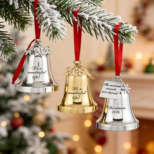 Vista 5 de JUPPE 2025 Campanas de Navidad Grabadas en Oro "Es una Maravillosa Vida" Adornos Colgantes para Árbol de Navidad Adornos de Boda y Aniversario