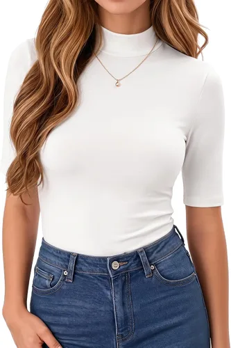 Vista 15 de MANGOPOP - Camiseta de cuello alto falso de manga 3/4 ajustada para mujer 03 Negro